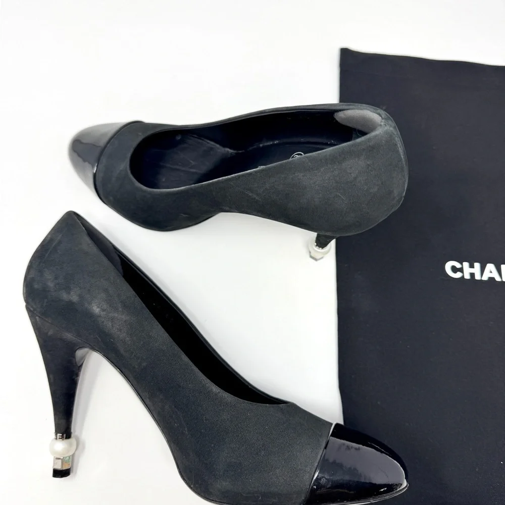 CHANEL Black Suede Pearl Accent Patent Leather Cap Toe Pumps